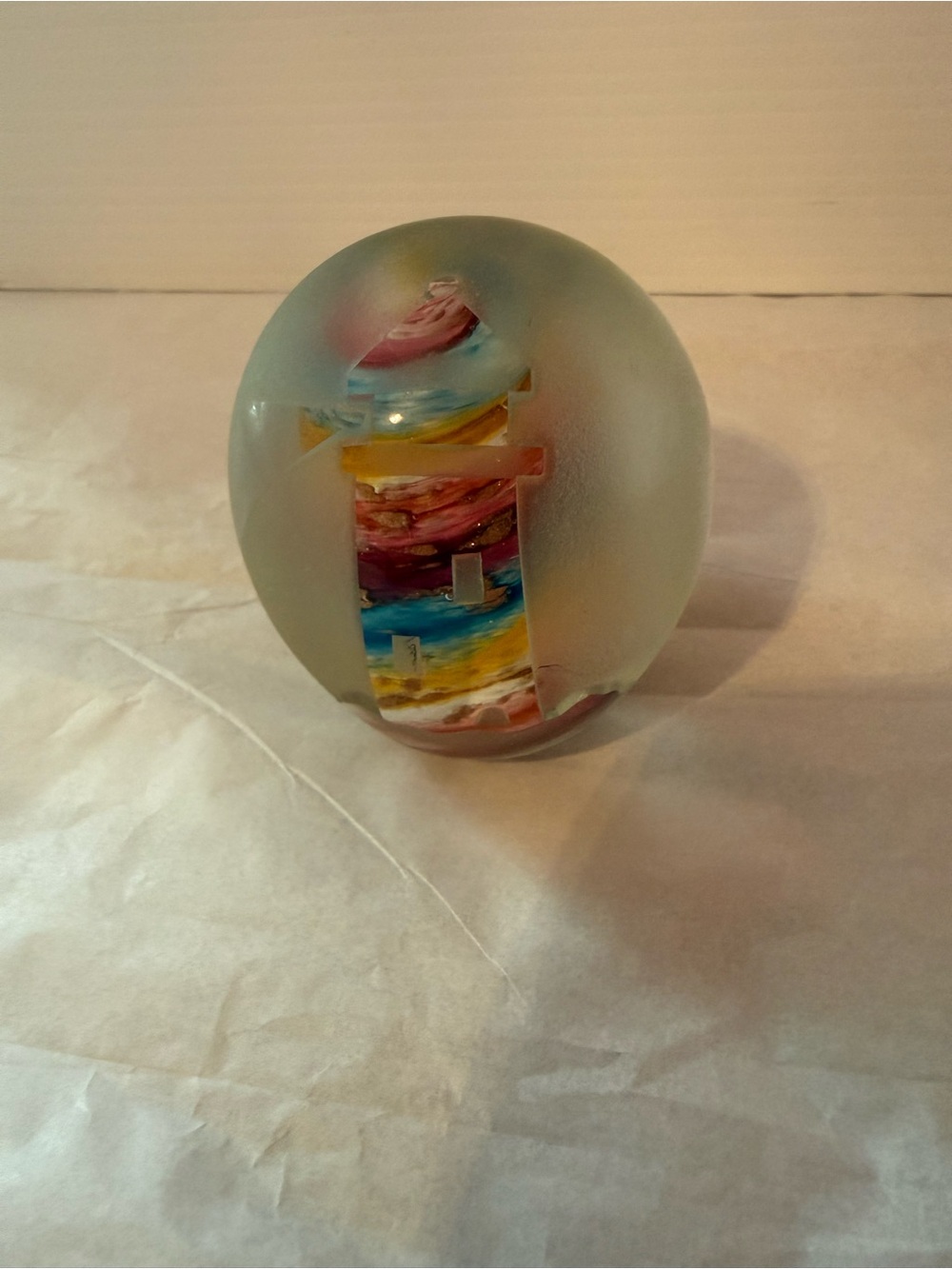 Frosted Glass Paperweight with Multicolor Swirl